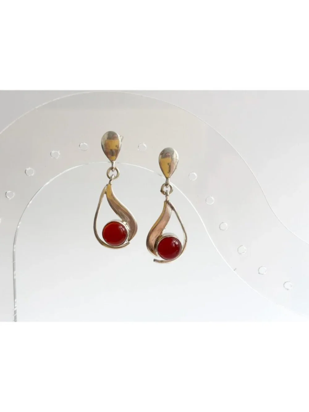 Carnelian Stone Midcentury Modern Stylized Vintage Sterling Silver 925 Earrings